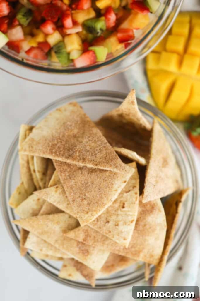 Toasted Cinnamon Sugar Delights 2 Crispy Cinnamon Sugar Tortilla Chips in a elegant glass bowl, ready to be served with dessert dips.