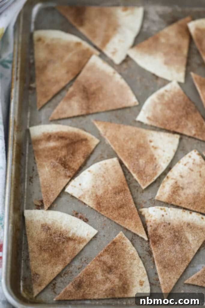 Toasted Cinnamon Sugar Delights 3 Golden brown tortilla triangles generously coated with cinnamon and sugar.
