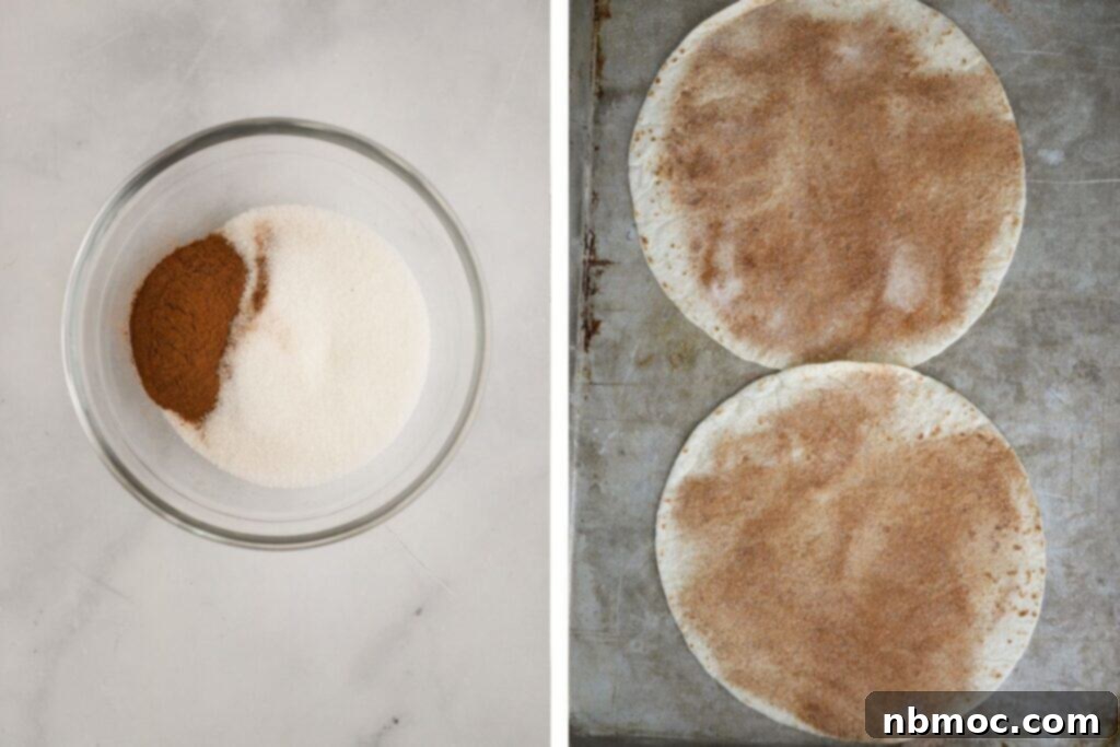 Toasted Cinnamon Sugar Delights 4 A small bowl full of cinnamon sugar next to tortillas covered with cinnamon sugar, illustrating the preparation process.