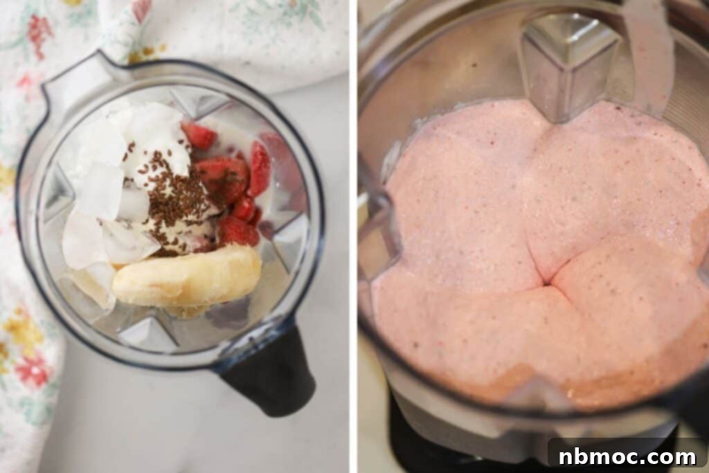 A blender actively mixing frozen strawberries, banana, flax seeds, and milk into a smooth consistency.
