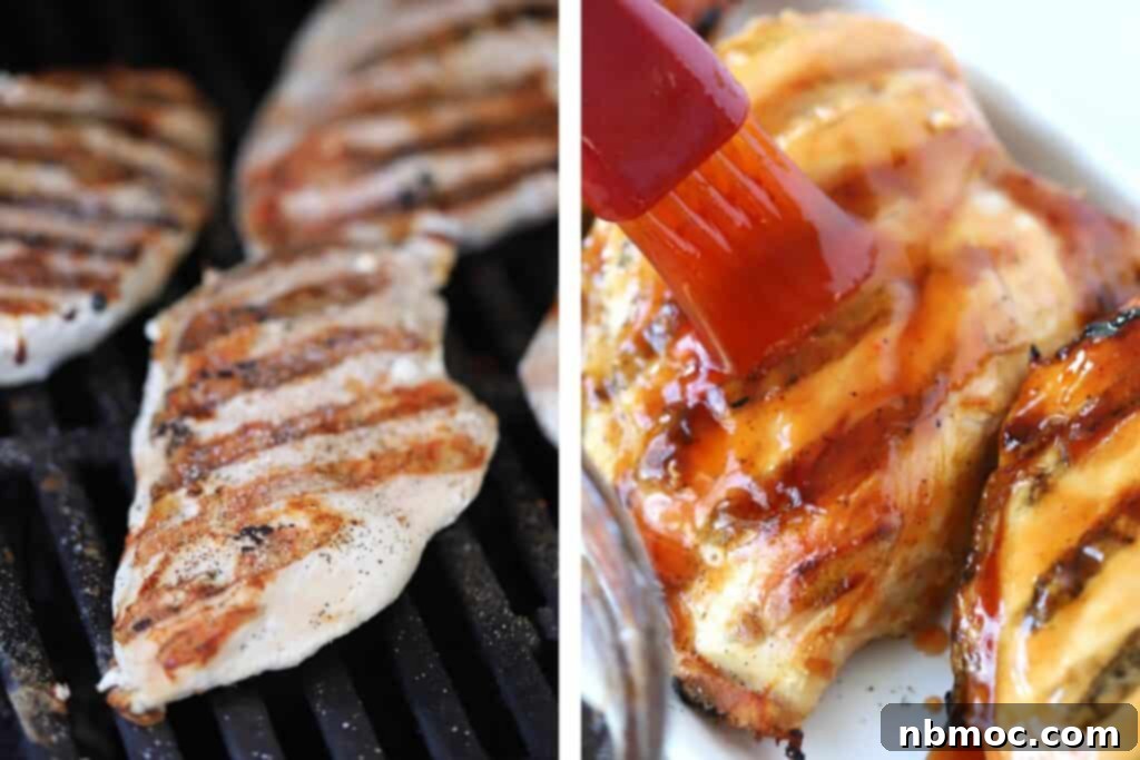 Bold Buffalo Chicken Salad 3 Chicken breasts on a grill with buffalo sauce being brushed over the top.
