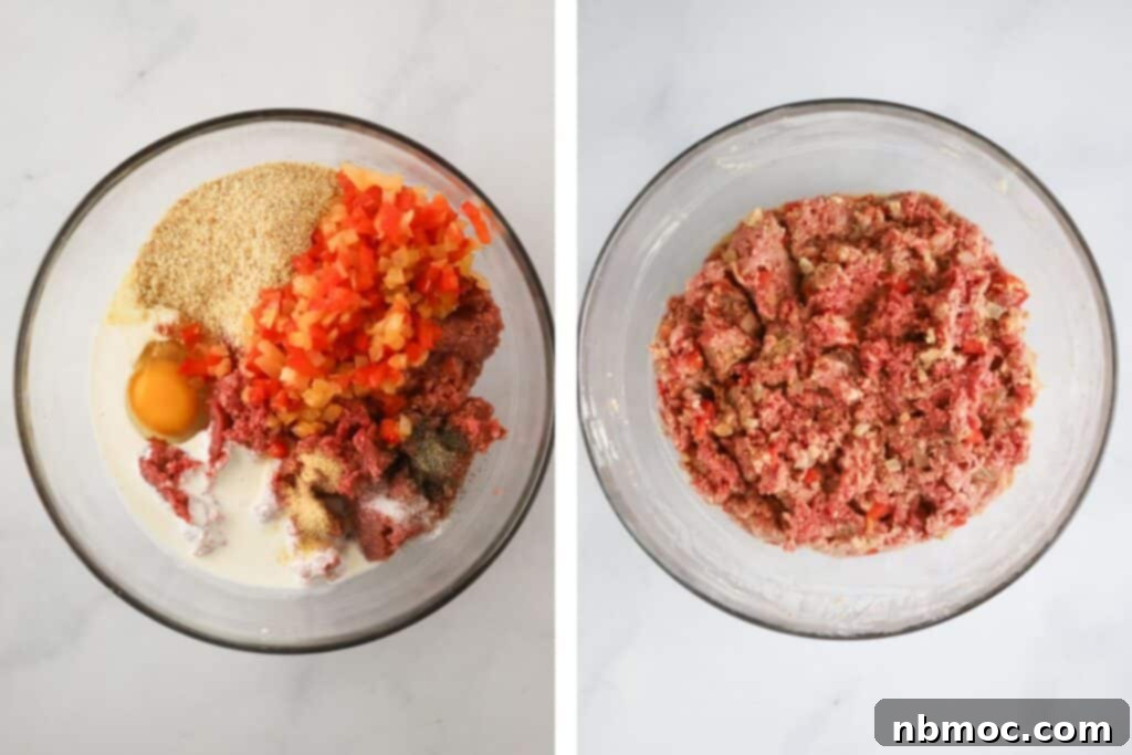 Close-up of hands gently mixing ground beef with breadcrumbs, egg, cream, and sautéed vegetables in a large bowl, ensuring even distribution of ingredients.