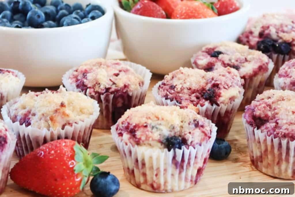 Bursting Berry Muffins 2 Moist Triple Berry Muffins with a sugar-crusted top, baked to perfection.