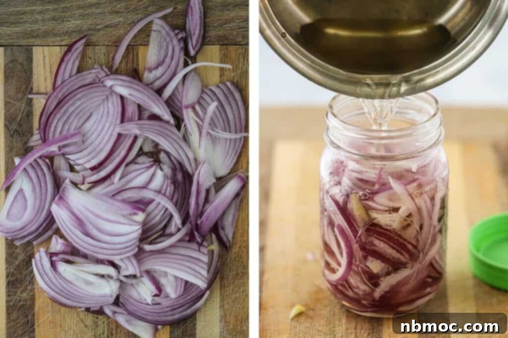 Making quick pickled red onions by pouring brine over thinly sliced onions in a mason jar.