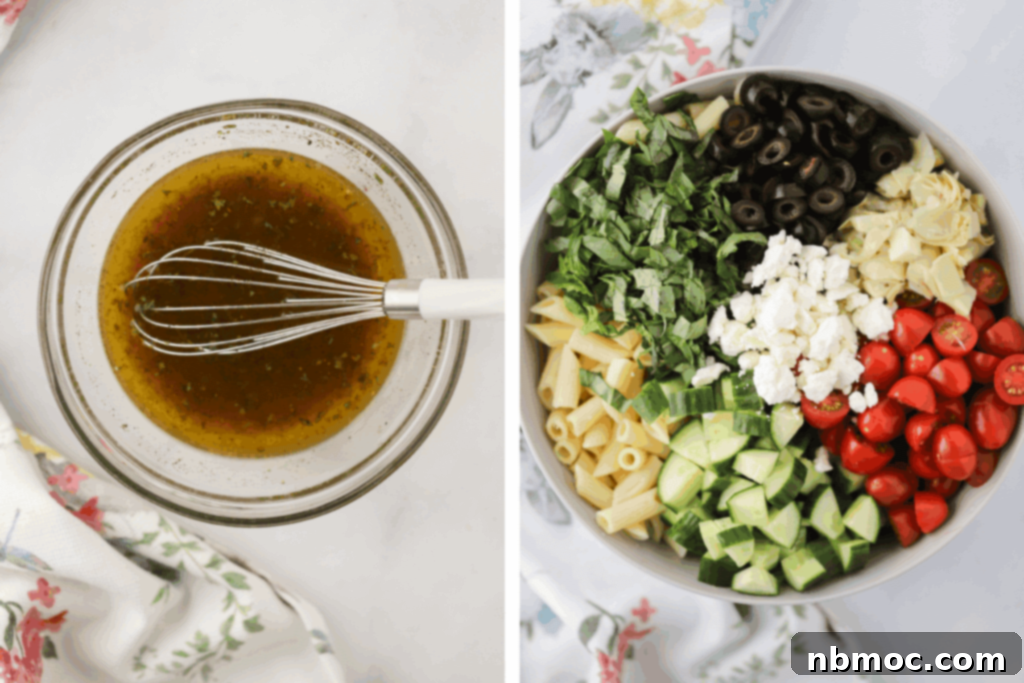 Santorini Sunset Pasta Salad 3 Whisking together the dressing for this greek pasta salad in a small bowl.