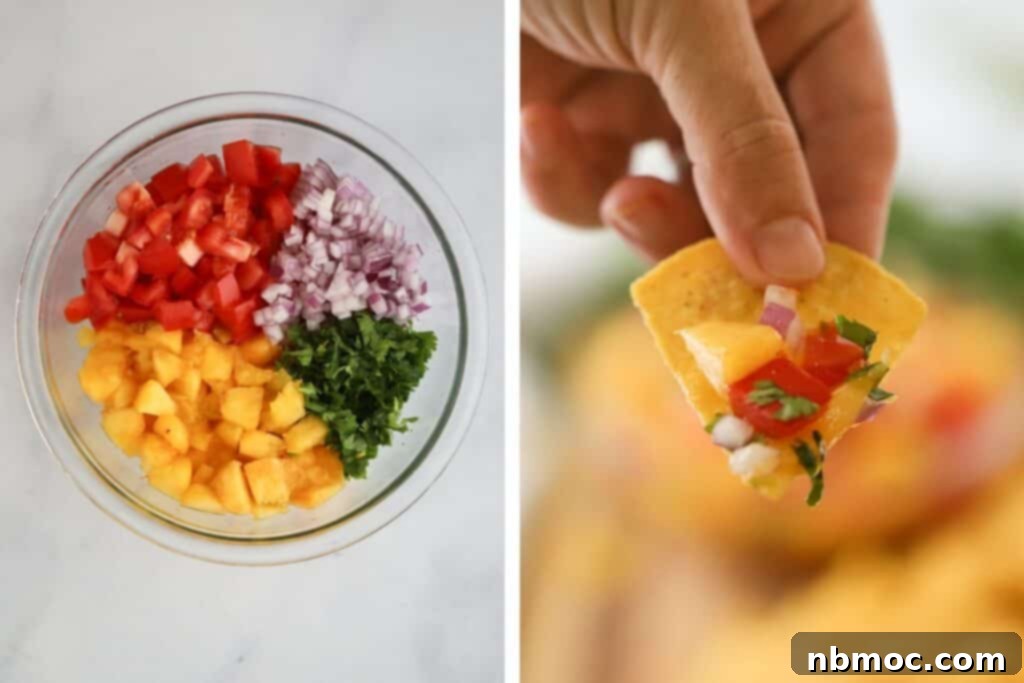 The vibrant ingredients for making peach salsa, including diced peaches, tomatoes, onions, and cilantro, artfully arranged in a bowl, ready for mixing.