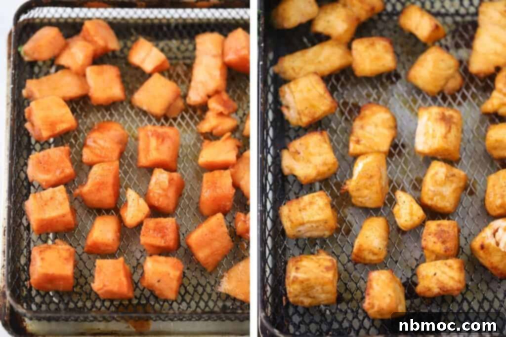 Preparing salmon bites by coating them with a spice rub before air frying.