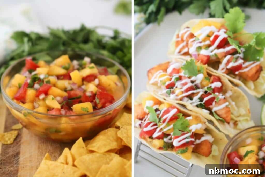 Beautifully assembled fish tacos with a vibrant bowl of fresh peach salsa next to it, showcasing the exquisite layers of ingredients.