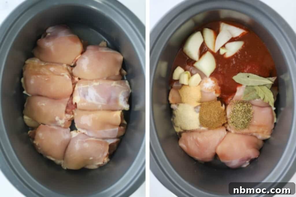 Mouthwatering Chicken Birria Tacos 4 A slow cooker with chicken thighs and spices.