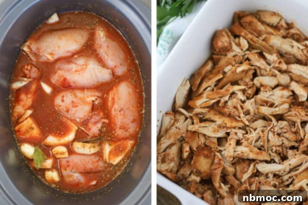 Mouthwatering Chicken Birria Tacos 5 Birria chicken in a slow cooker with shredded chicken.