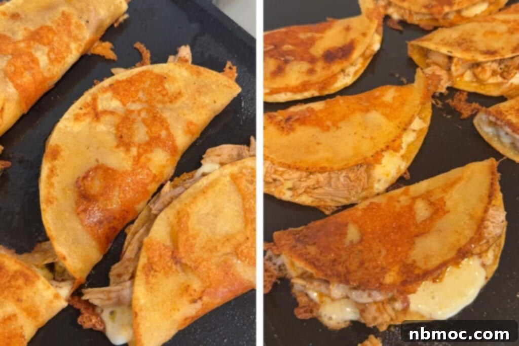 Mouthwatering Chicken Birria Tacos 6 A griddle with birria tacos cooking.