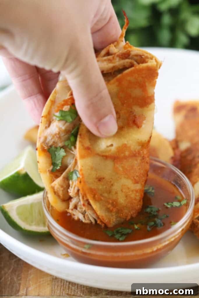 A hand dipping a crispy pork birria taco into rich birria consomme, highlighting the delicious dipping sauce.