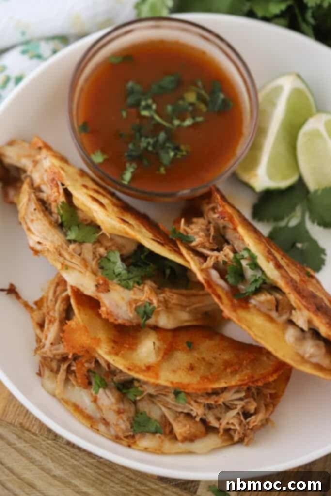 Two plates of pork birria tacos garnished with fresh limes and cilantro, with a small bowl of consomme for dipping.