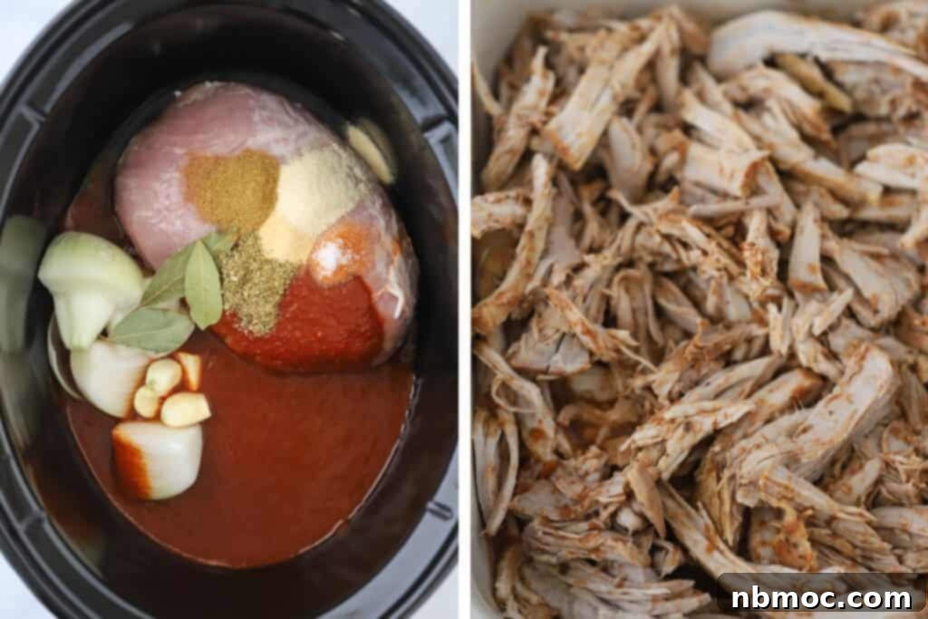A slow cooker filled with pork shoulder, onions, and spices, ready to be cooked for birria.