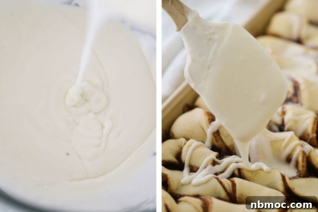 Decadent Cinnamon Twists 4 A bowl filled with luscious homemade icing, with a hand elegantly drizzling it over warm, freshly baked breadsticks.