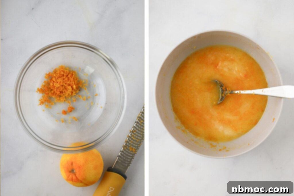Mixing orange zest with other ingredients in a small glass bowl.