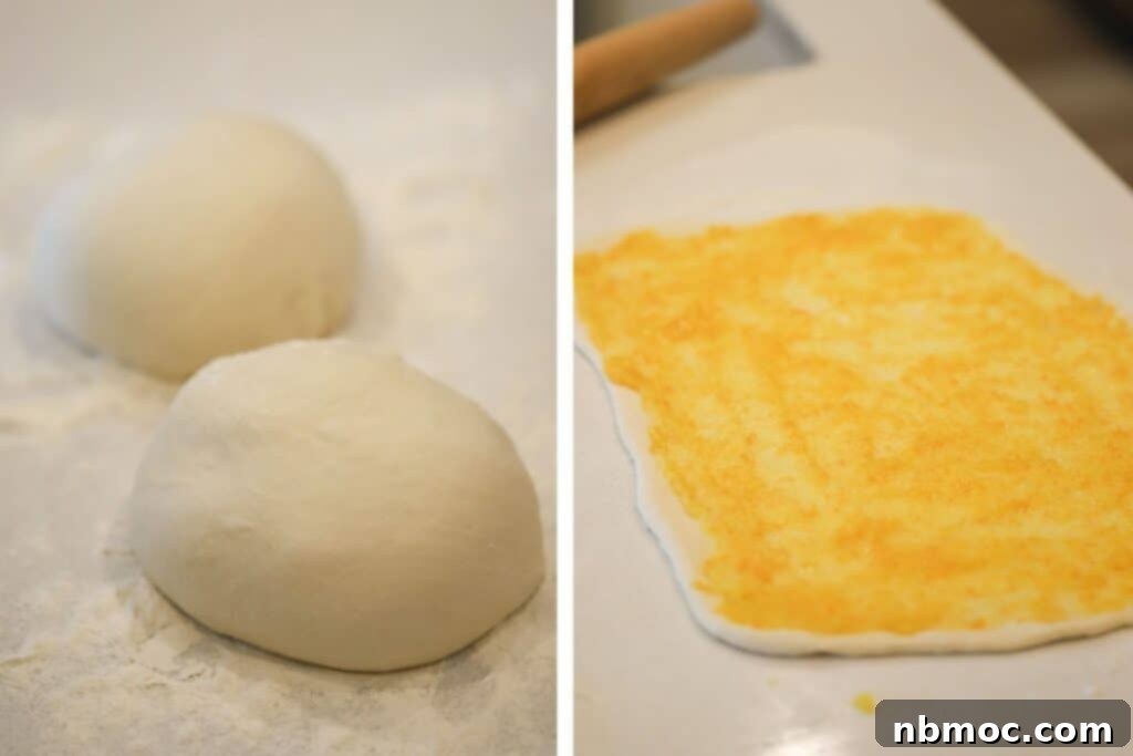 Dough balls being roll out thin and spread with a thin layer of orange glaze.