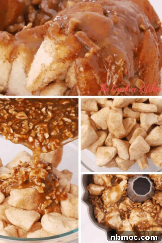 Gooey Caramel Pecan Pull-Apart Bread 3 Step-by-step process for making caramel pecan monkey bread with biscuits and sauce.