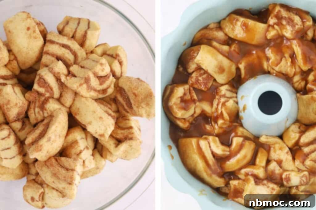 Gooey Cinnamon Pull-Apart Bread 3 Cinnamon roll pieces in a bowl, then transferred to a bundt pan with caramel sauce poured over them.