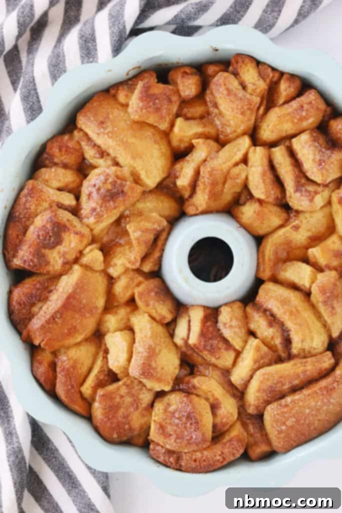 Gooey Cinnamon Pull-Apart Bread 4 Baked cinnamon roll monkey bread in a bundt pan.