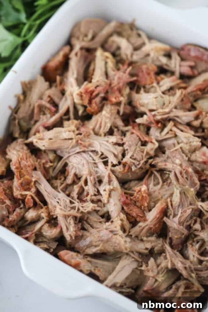 A baking dish full of smoked pulled pork.