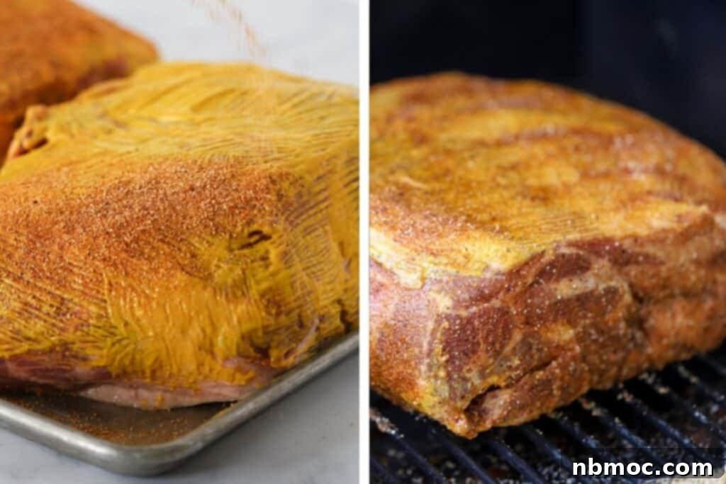 Yellow mustard rubbed all of the outside of a large pork shoulder.