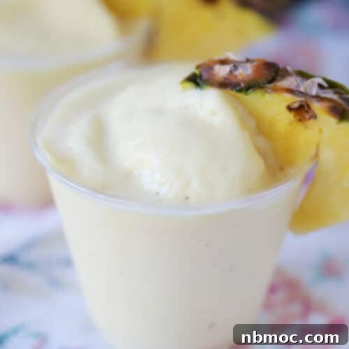 A small cup of creamy Disney Dole Whip garnished with a pineapple wedge.