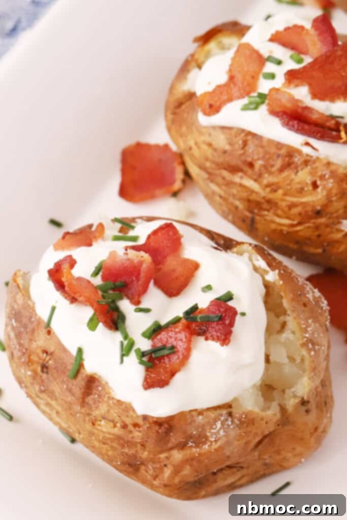 Crispy Fluffy Air Fryer Baked Potatoes 2 Air fryer baked potatoes with toppings, including sour cream, crispy bacon bits, and fresh chives. Demonstrates how long to bake a potato in an air fryer for ideal results.