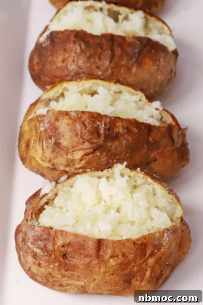 Crispy Fluffy Air Fryer Baked Potatoes 4 Air fryer baked potatoes cooked to perfection and fluffed with a fork, ready for toppings. Illustrates the ideal texture of a baked potato in the air fryer.