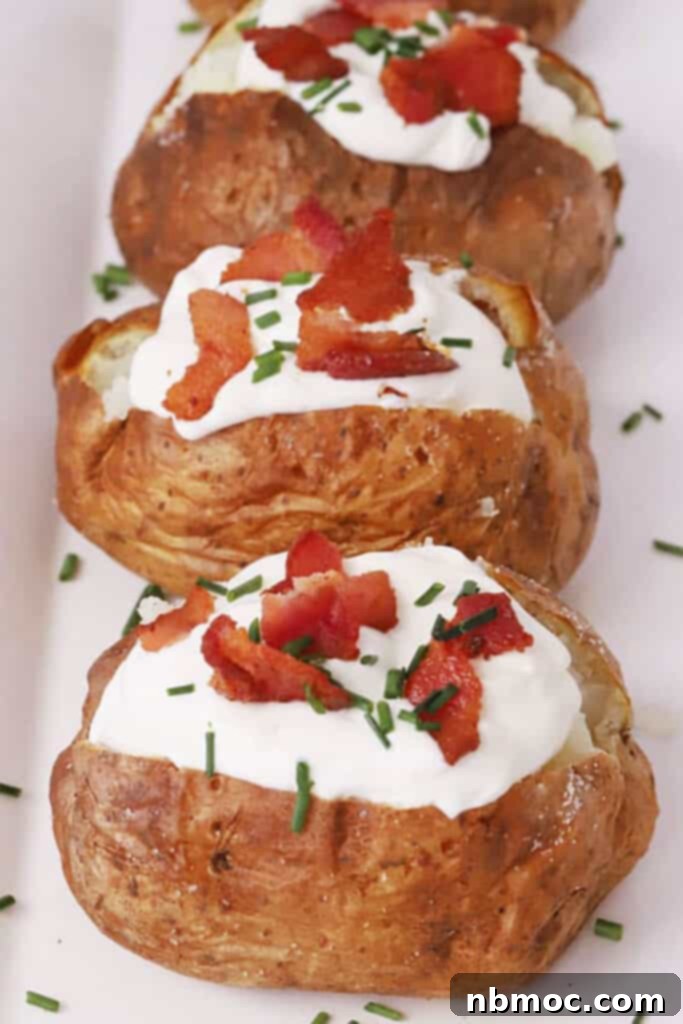 Crispy Fluffy Air Fryer Baked Potatoes 5 Air fryer baked potatoes recipe with assorted toppings, ready to be served. Highlights perfectly roasted red potatoes and crispy baked potato in air fryer.