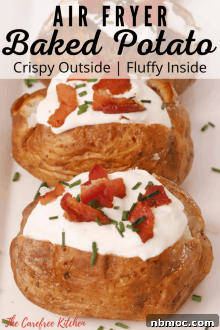 Crispy Fluffy Air Fryer Baked Potatoes 7 Pinterest pin for air fryer baked potatoes, showing a perfectly cooked potato with toppings, inviting users to save the recipe.