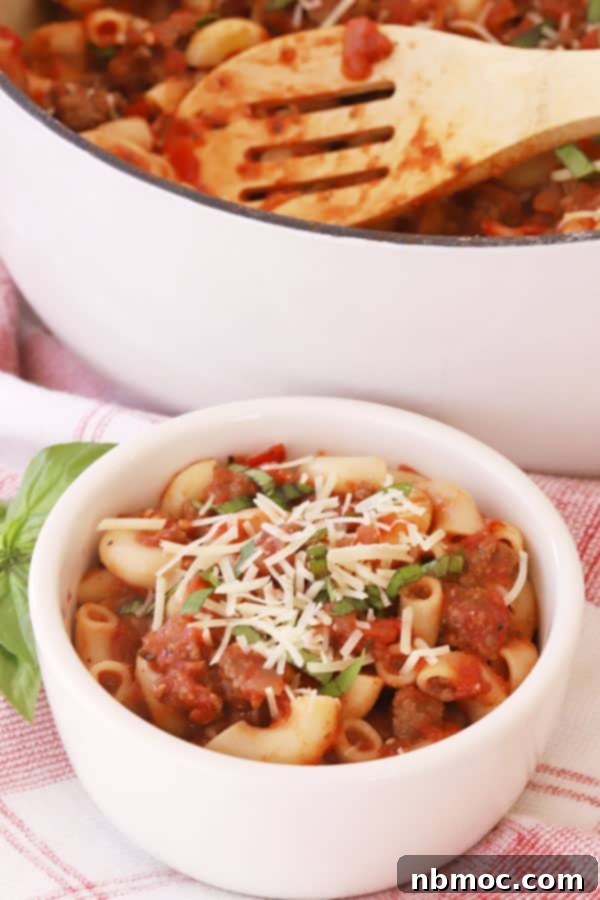Grandma's American Goulash 2 A bowl of steaming Old Fashioned Beef Goulash, showcasing the rich tomato sauce, ground beef, and macaroni pasta, ready to be served. Ideal for an easy comfort food meal.