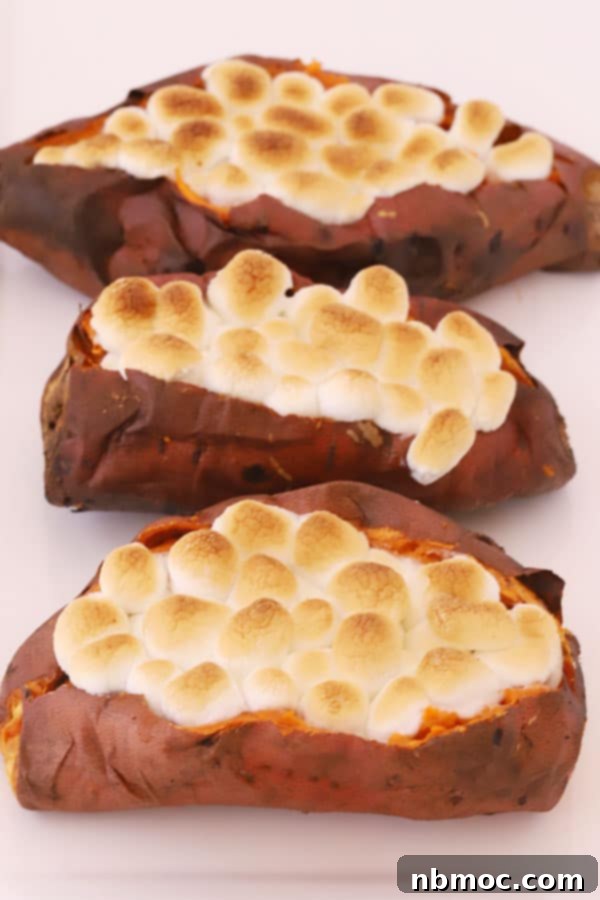Golden Air Fryer Sweet Potatoes 4 Three air fried sweet potatoes, split open and generously topped with toasted mini marshmallows, glistening and ready to be enjoyed.