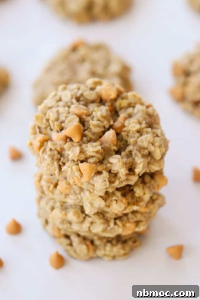 A beautiful stack of freshly baked butterscotch oatmeal cookies, showcasing their inviting texture.