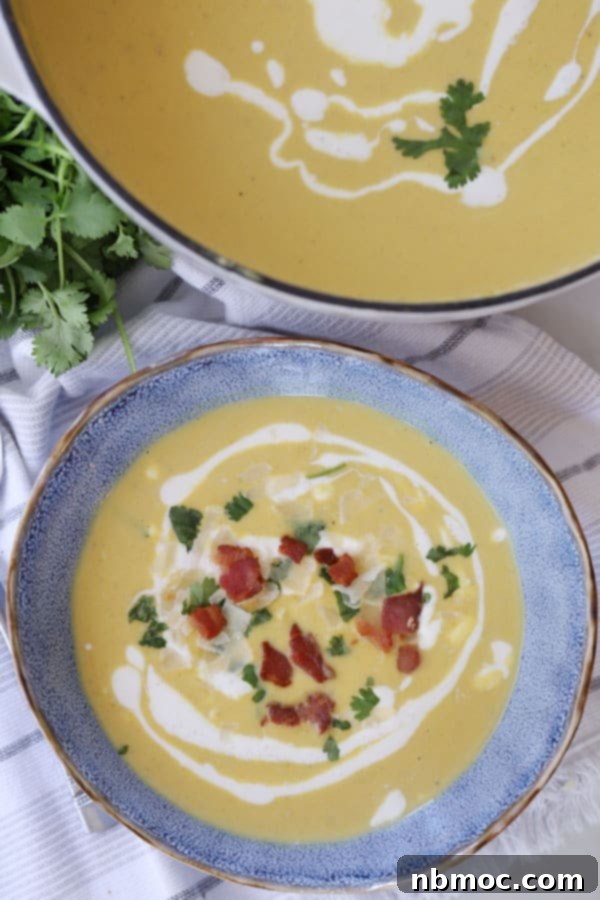Golden Curry Squash Velouté 2 A decorative bowl full of curried squash soup topped with coconut cream, bacon bits, and fresh herbs.