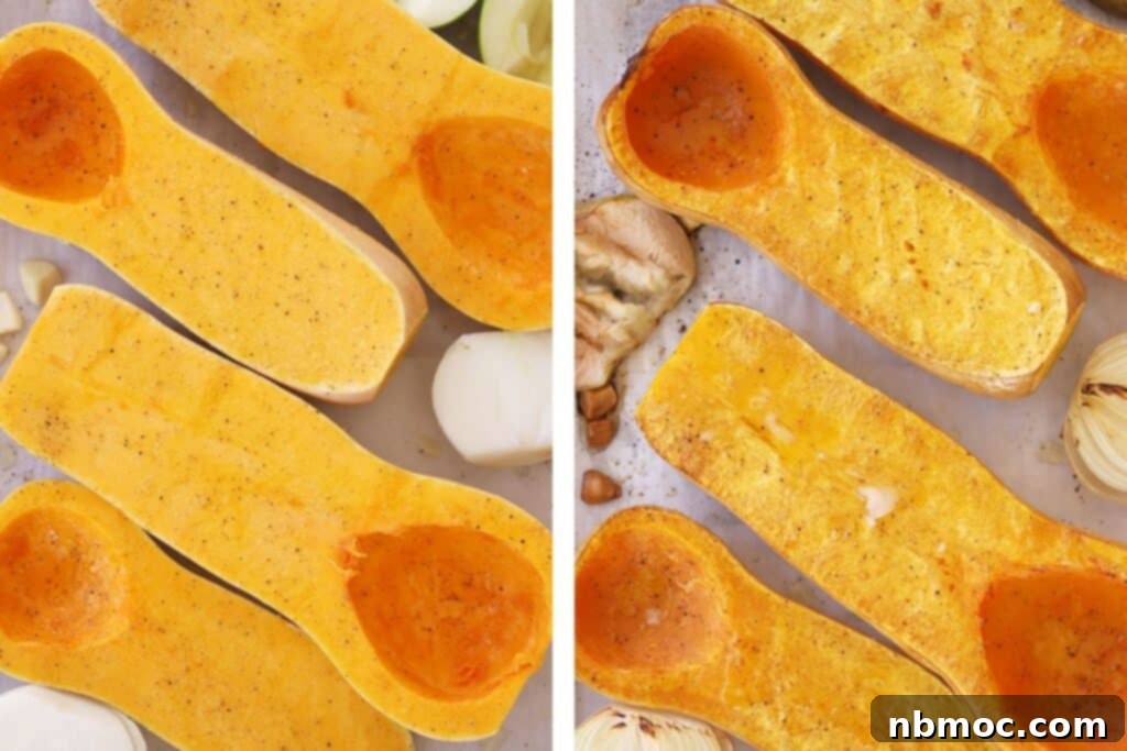 Butternut squash cut in half and roasted.
