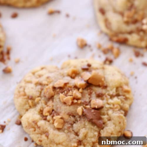 English Toffee Crunch Cookies 5 heath toffee cookies on parchment paper