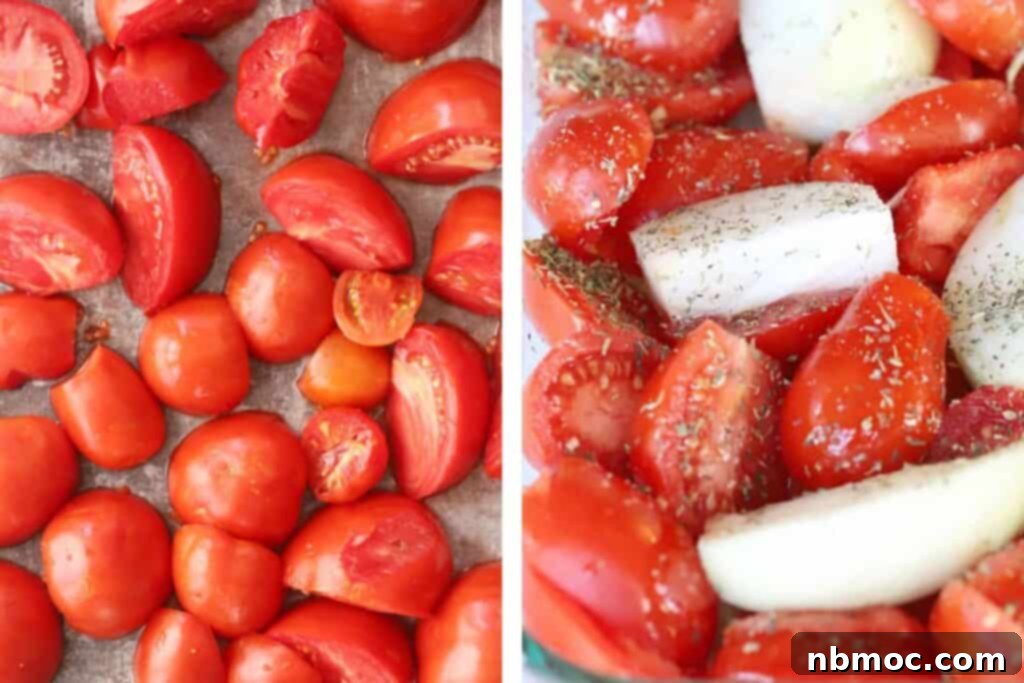 Slow Roasted Garden Tomato Marinara 3 Side by side pictures demonstrating how to prepare fresh tomatoes and onions with seasoning on a baking sheet for homemade oven roasted marinara sauce.