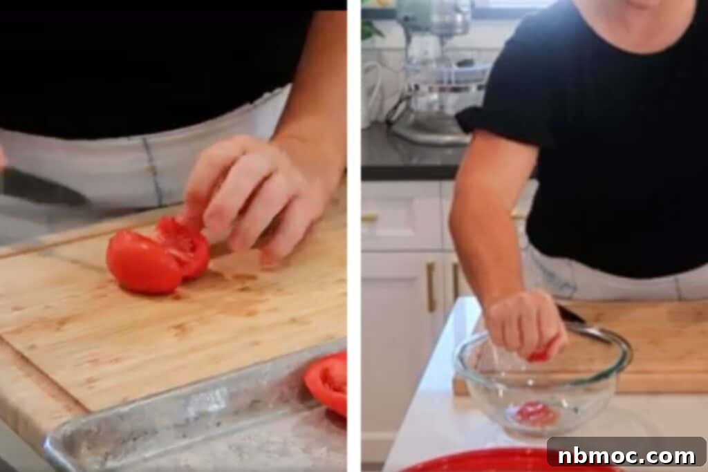 Slow Roasted Garden Tomato Marinara 4 Side by side photo demonstrating the preparation of tomatoes for marinara sauce: cutting tomatoes in half and squeezing out excess juice.