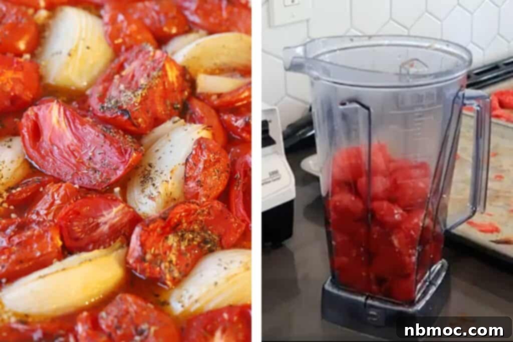 Slow Roasted Garden Tomato Marinara 7 Oven roasted tomatoes and onions seasoned and cooked, beside a blender filled with the roasted vegetables, ready to be pureed into marinara sauce.