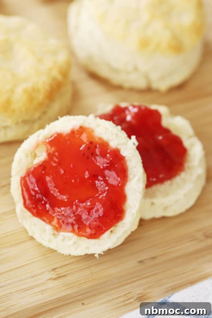 A golden baking powder biscuit, split open and generously topped with vibrant strawberry jam.