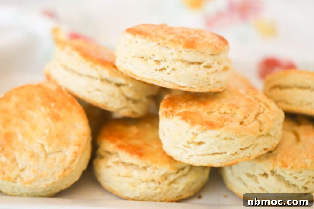 A delightful stack of baking powder biscuits, golden brown and ready to be enjoyed.