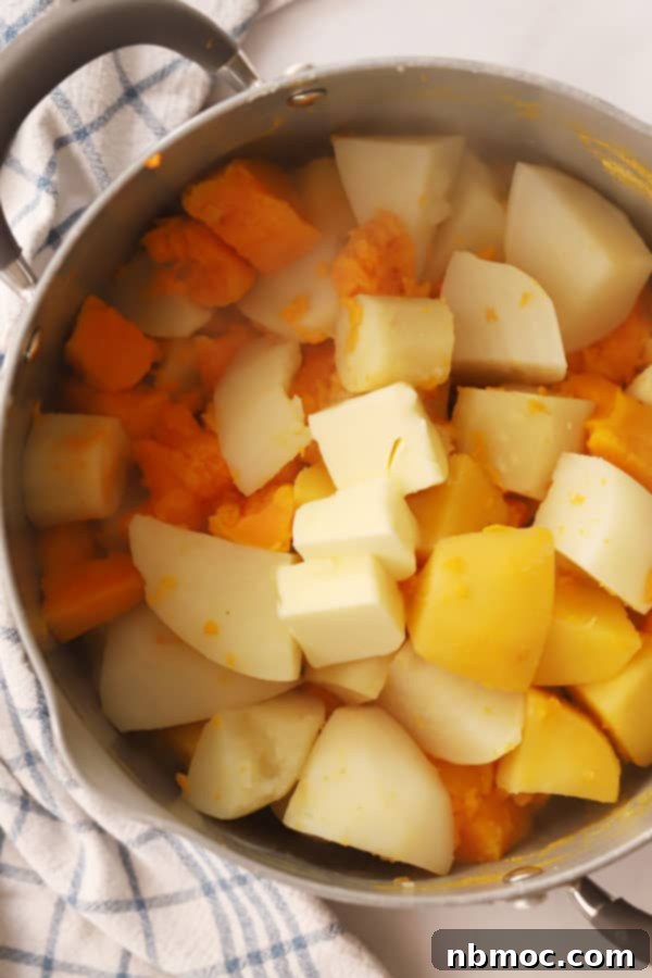 Velvety Root Puree 4 vegetables boiled in a pot for root mash.