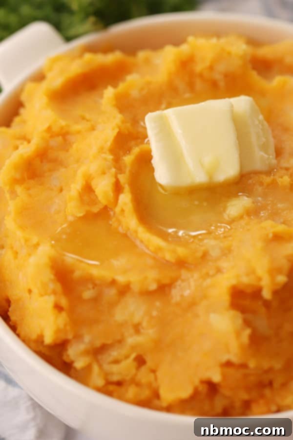 Velvety Root Puree 6 root vegetable mash with a pat of butter on top.