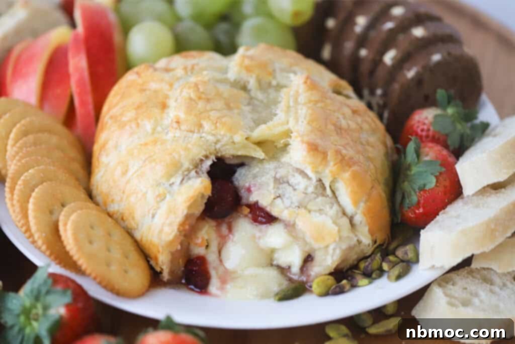 Cranberry baked brie with crackers and fruit